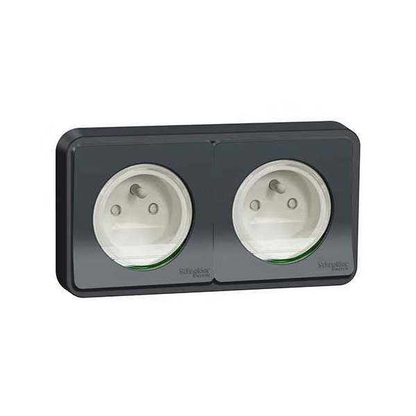 Schneider - Mureva Styl - Double prise 2P+T horizontale - encastré - IP55 - connexion auto - gris - Réf : MUR34101 + MUR36133 x2