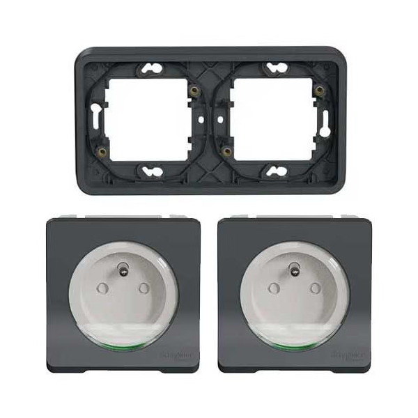 Schneider - Mureva Styl - Double prise 2P+T horizontale - encastré - IP55 - connexion auto - gris - Réf : MUR34101 + MUR36133 x2