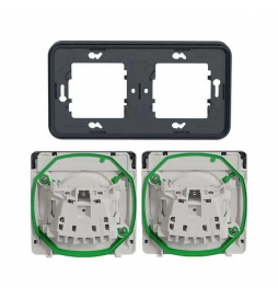 Schneider - Mureva Styl - Double prise 2P+T horizontale - encastré - IP55 - connexion auto - gris - Réf : MUR34101 + MUR36133 x2