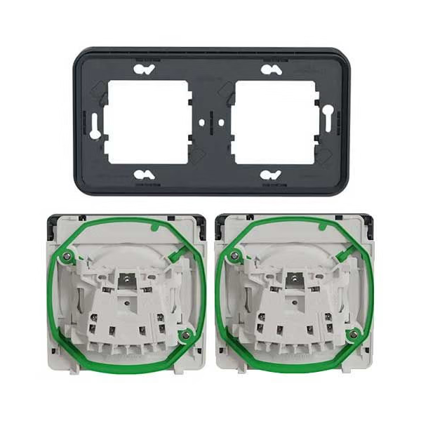 Schneider - Mureva Styl - Double prise 2P+T horizontale - encastré - IP55 - connexion auto - gris - Réf : MUR34101 + MUR36133 x2