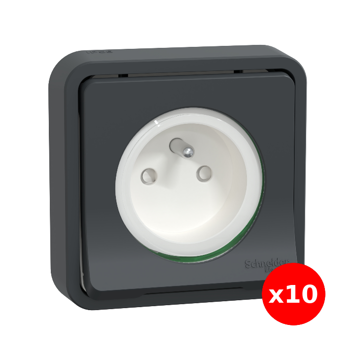 Schneider - Mureva Styl - LOT de 10 prises 2P+T encastré - IP55 - IK08 - connexion auto - noir - Réf : MUR35036