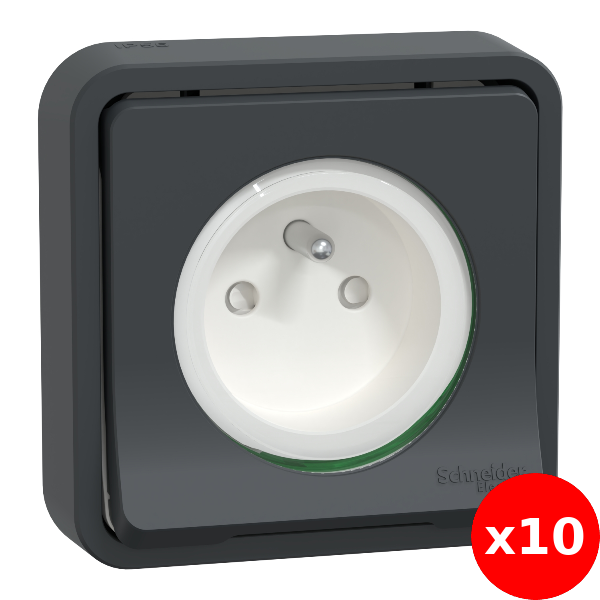 Schneider - Mureva Styl - LOT de 10 prises 2P+T encastré - IP55 - IK08 - connexion auto - noir - Réf : MUR35036