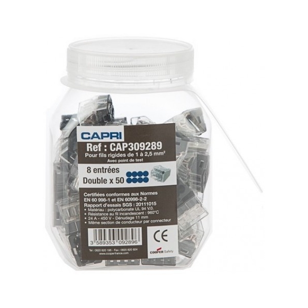 Capri - Bornes automatique 8 entrées pour fil rigide 2.5mm² noire 960° (boite de 50 connecteurs) - Réf : CAP309289
