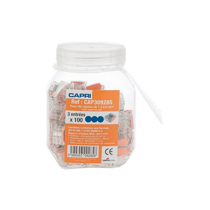 Capri - Bornes automatique 3 entrées pour fil rigide 0,5 à 2.5mm² (boite de 100 connecteurs) - Réf : 309285