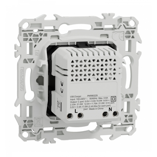 Schneider - Odace 2025 - chargeur double USB type C+C - 21W Power Delivery - blanc craie - Réf : S920401