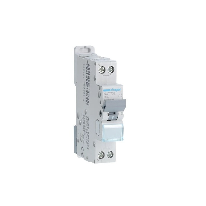HAGER - Disjoncteur 1P+N 6-10kA - courbe D - 32A -1 module - Réf : NGT732