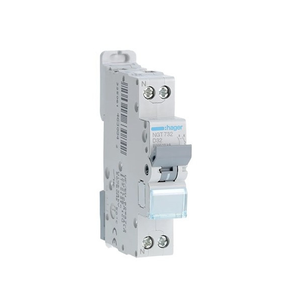 HAGER - Disjoncteur 1P+N 6-10kA - courbe D - 32A -1 module - Réf : NGT732
