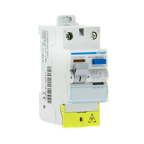 HAGER - Inter différentiel 2P - 40A - 30mA - Type A - Réf : CDA743F