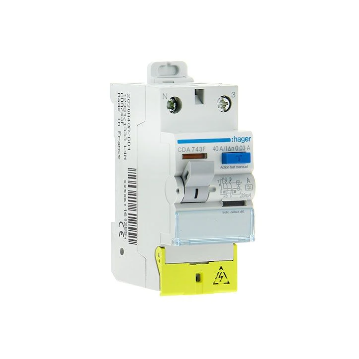 HAGER - Inter différentiel 2P - 40A - 30mA - Type A - Réf : CDA743F