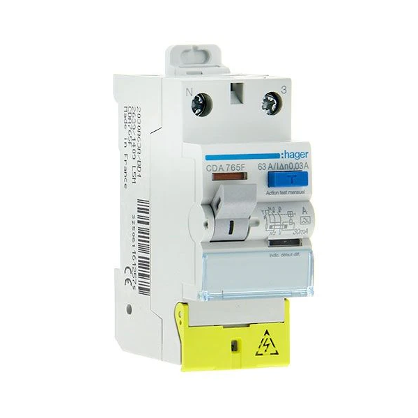 HAGER - Inter différentiel 2P - 63A - 30mA - Type A - Réf : CDA765F