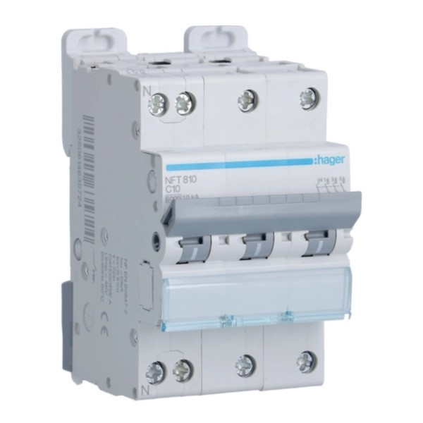 Hager - Disj. 3P+N - 6-10kA - Courbe C - 10A 3m - Réf : NFT810