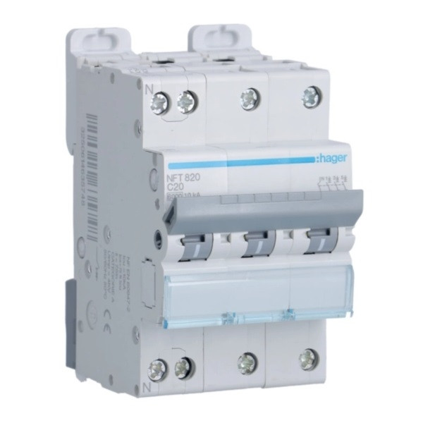 Hager - Disj. 3P+N - 6-10kA - Courbe C - 20A 3m - Réf : NFT820