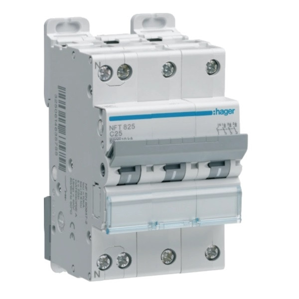 Hager - Disj. 3P+N - 6-10kA - Courbe C - 25A 3m - Réf : NFT825