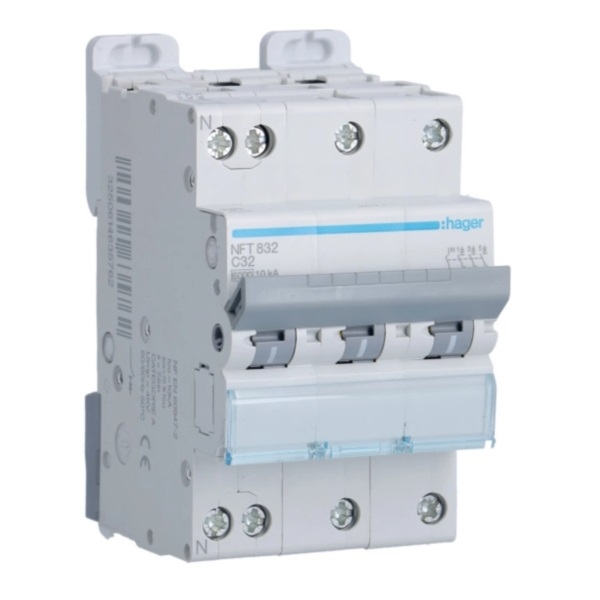 Hager - Disj. 3P+N - 6-10kA - Courbe C - 32A 3m - Réf : NFT832