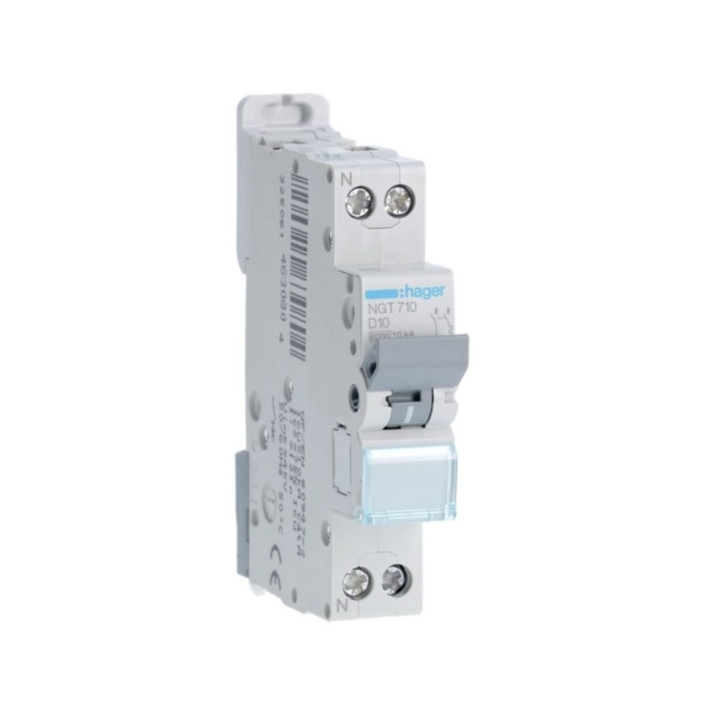 HAGER - Disjoncteur 1P+N 6-10kA - courbe D - 10A -1 module - Réf : NGT710