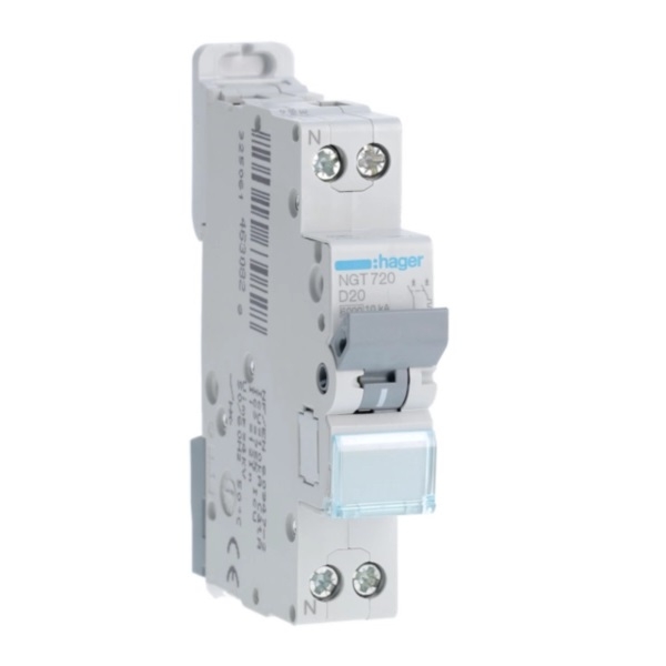 HAGER - Disjoncteur 1P+N 6-10kA - courbe D - 20A - 1 module - Réf : NGT720