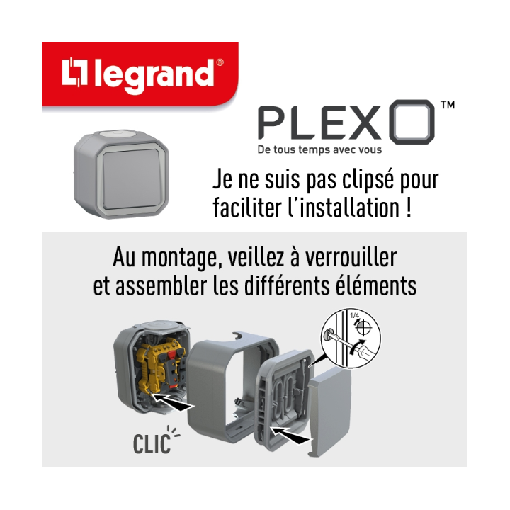 Legrand Plexo - Poussoir - 10A - 250V - composable - étanche - IP55/IK08 - Gris - Réf : 069540L