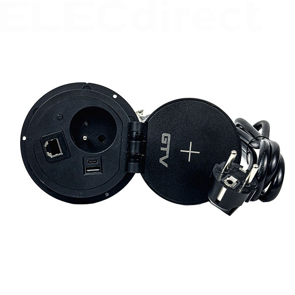 GTV Lighting - Bloc prise encastrable - chargeur induction 5W - 1 prise, 2 USB, RJ45 et HDMI - Noir - Réf.: AE-BPW1FACP-20