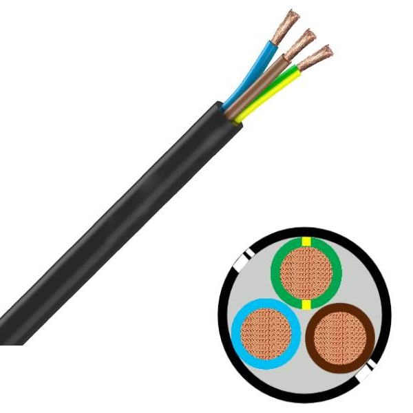 Câble Électrique H07RN-F 3G1.5 - Coupe au mètre - Réf : CABLERNF3G1.5