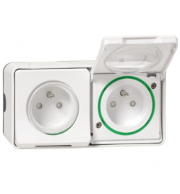 Schneider - Mureva Styl - Double prise 2P+T précâblée horizontale - saillie - IP55 - connexion auto - blanc - Réf : MUR36027