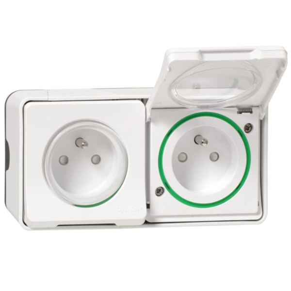 Schneider - Mureva Styl - Double prise 2P+T précâblée horizontale - saillie - IP55 - connexion auto - blanc - Réf : MUR36027