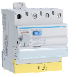 HAGER - Inter dif - 3P+N 63A - 300mA - type AC - à bornes décalées - Réf : CFC863F