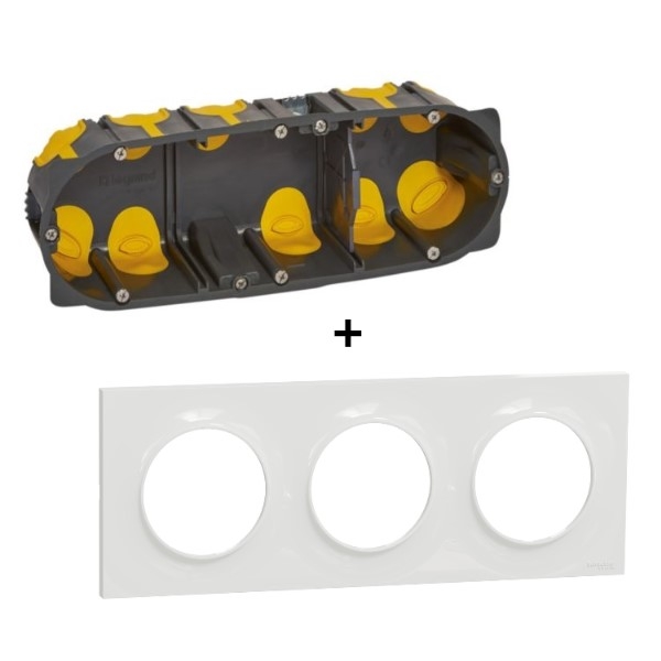 Schneider Odace - Plaque 3 postes + Boîte Batibox BBC Legrand 3 postes - Hor/vert Prof. 50 - s520706+080033L