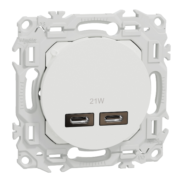 Schneider - Odace 2025 - chargeur double USB type C+C - 21W Power Delivery - blanc craie - Réf : S920401