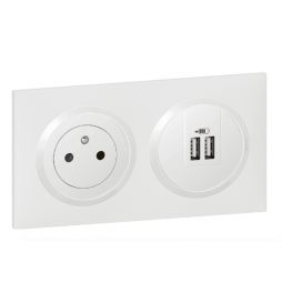 Legrand Dooxie - Prise de courant 2P+T 16A + double USB + plaque - Blanc - 600335+600343+600802