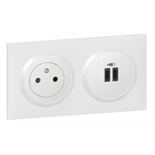 Legrand - Dooxie - Prise de courant 2P+T 16A + double USB-C + plaque - Blanc - Réf : 600335+600345+600802
