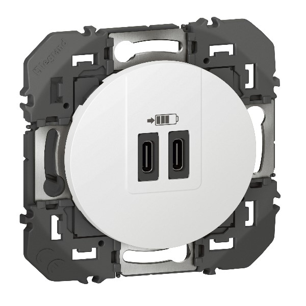 Legrand - Dooxie - Prise de courant 2P+T 16A + double USB-C + plaque - Blanc - Réf : 600335+600345+600802