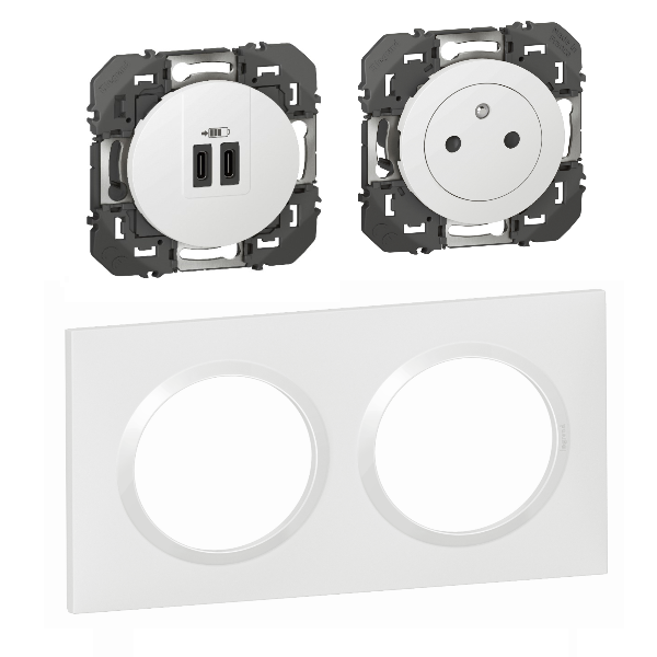 Legrand - Dooxie - Prise de courant 2P+T 16A + double USB-C + plaque - Blanc - Réf : 600335+600345+600802