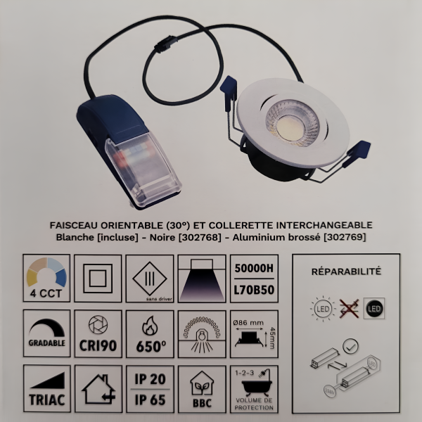 Electra - Spot LED Ø68 Dimmable blanc - orientable - 6W - IP65 - 4CCT - BBC - Angle 60° - 2700/3000/4000/5000°K - Réf : 302687