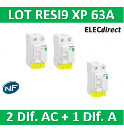 SCHNEIDER - LOT de 3 inter dif. RESI9 XP - (2 - ID 2x63A 30mA AC/1 - ID 2x63A 30mA A) - R9PRC263x2+R9PRA263