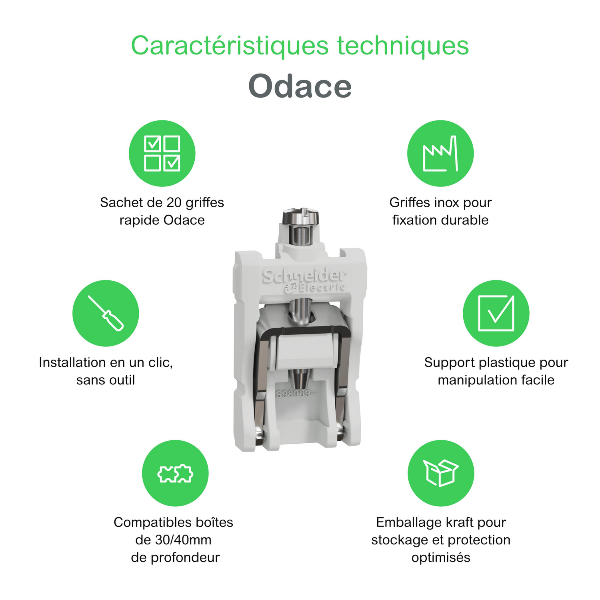 Schneider - Odace 2025 - sachet de 20 griffes courtes - boîtes 30/40 mm - Réf : S989690