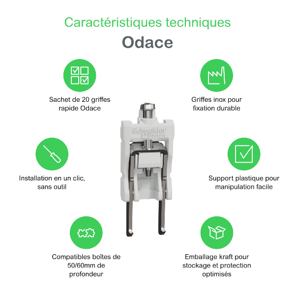 Schneider - Odace 2025 - sachet de 20 griffes longues - boîtes 50/60 mm - Réf : S989691