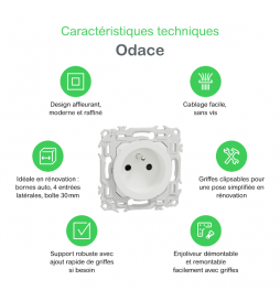 Schneider - Odace 2025 - prise 2P+T rénovation à puits - 4 bornes auto par pôle - blanc craie - Réf : S920049
