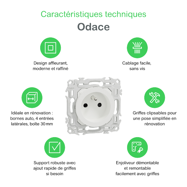 Schneider - Odace 2025 - prise 2P+T rénovation à puits - 4 bornes auto par pôle - blanc craie - Réf : S920049