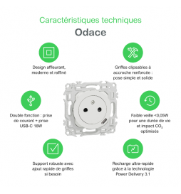Schneider - Odace 2025 - prise 2P+T affleurante + chargeur USB-C 18W Power Delivery - blanc craie - Réf : S920042