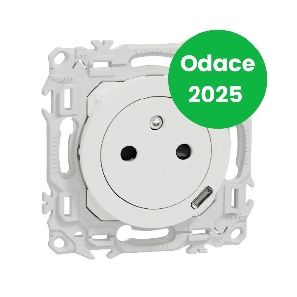 Schneider - Odace 2025 - prise 2P+T affleurante + chargeur USB-C 18W Power Delivery - blanc craie - Réf : S920042