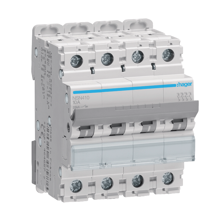HAGER - Disjoncteur 4P - 10A - 25kA - Courbe D - 4M - Réf : NSN410