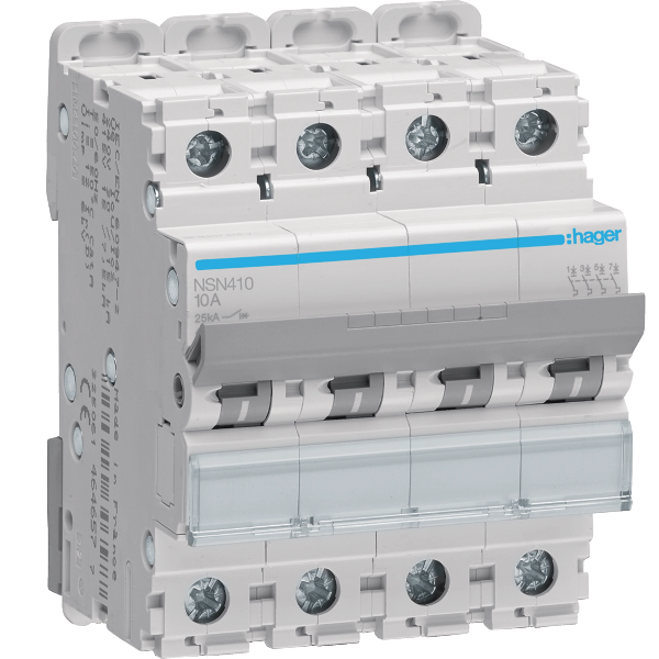 HAGER - Disjoncteur 4P - 10A - 25kA - Courbe D - 4M - Réf : NSN410