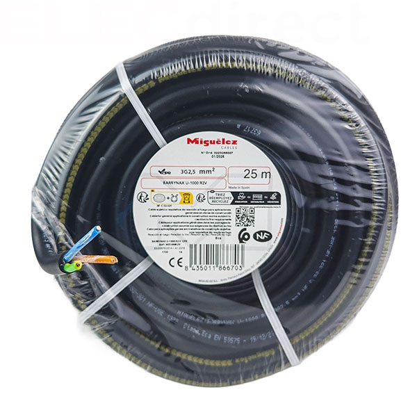 Câble rigide U-1000 R02V 3G2,5 - Couronne de 25 mètres - Réf : CABLER2V3G25C25