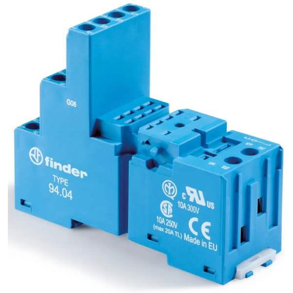 Finder - Support avec bornes à cage - Étrier plastique - Rail DIN - 10A - 250V - Bleu - Réf : 9404SPA