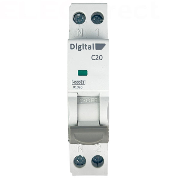 Digital Electric - Disjoncteur phase neutre - 20A - 4,5 kA - courbe C - Réf : 01020
