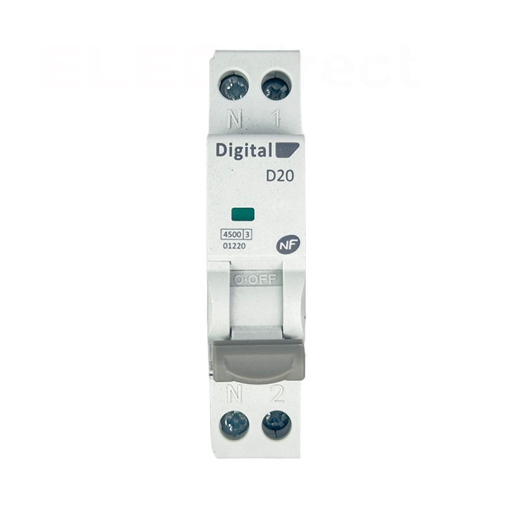 Digital Electric - Disjoncteur phase neutre - 20A - 4,5 kA - courbe D - Réf : 01220