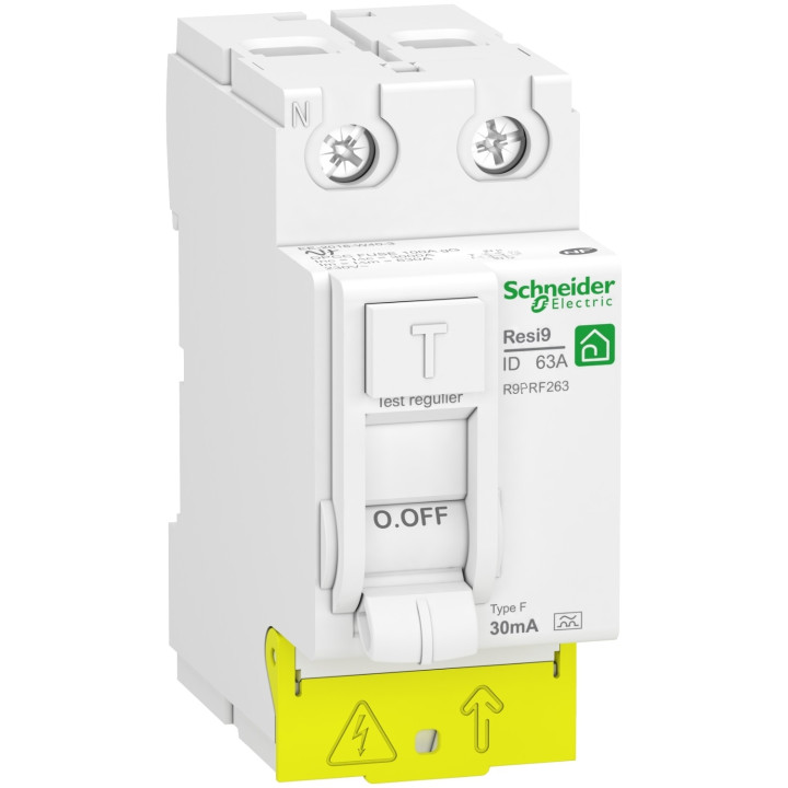 Schneider - RESI9 XP - interrupteur différentiel - 2P - 63A - 30mA - Type Fsi - peignable - Réf : R9PRF263