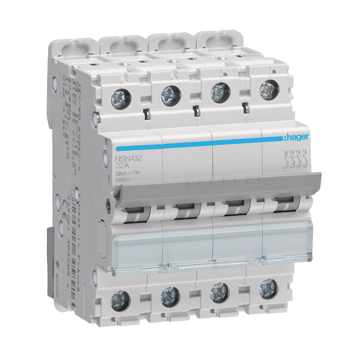 HAGER - Disjoncteur 4P - 32A - 25kA - Courbe D - 4M - Réf : NSN432