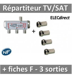 CAHORS - Répartiteur TV/Satellite - 3 sorties "F" + Fiches F x4