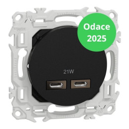 Schneider - Odace 2025 - chargeur double USB type C+C - 21W Power Delivery - noir onyx - Réf : S940401